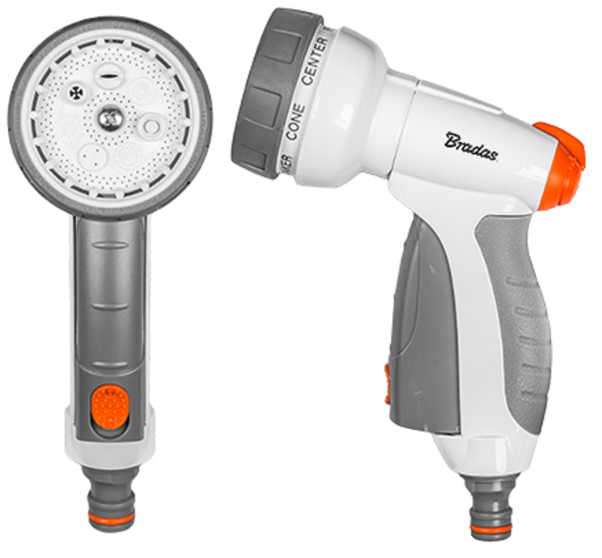 Hose Gun Water Sprayer im Blick: runde Brause-Kopfansicht und orange Knopf am Griff
