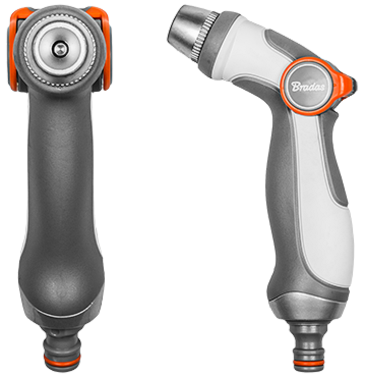 Adjustable water hose sprayer gun, dark grey with orange accents and spray head