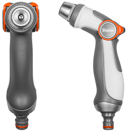 Adjustable water hose sprayer gun, dark grey with orange accents and spray head