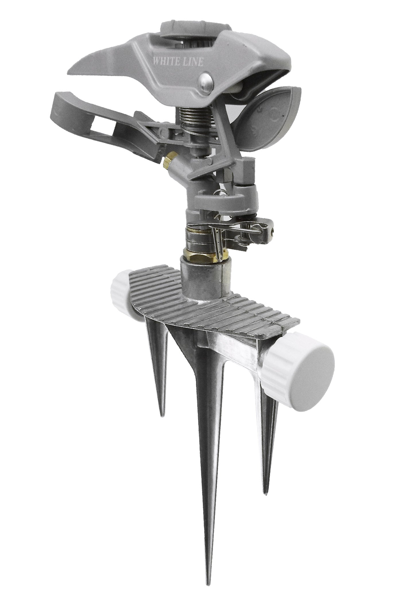 Pulsating lawn sprinkler with White Line spray head and three spike legs