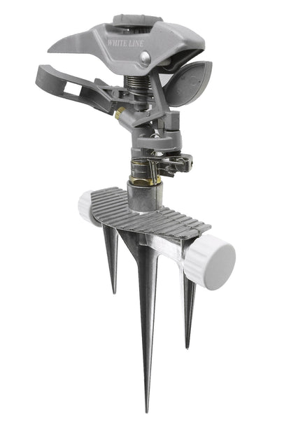 Pulsating lawn sprinkler with White Line spray head and three spike legs