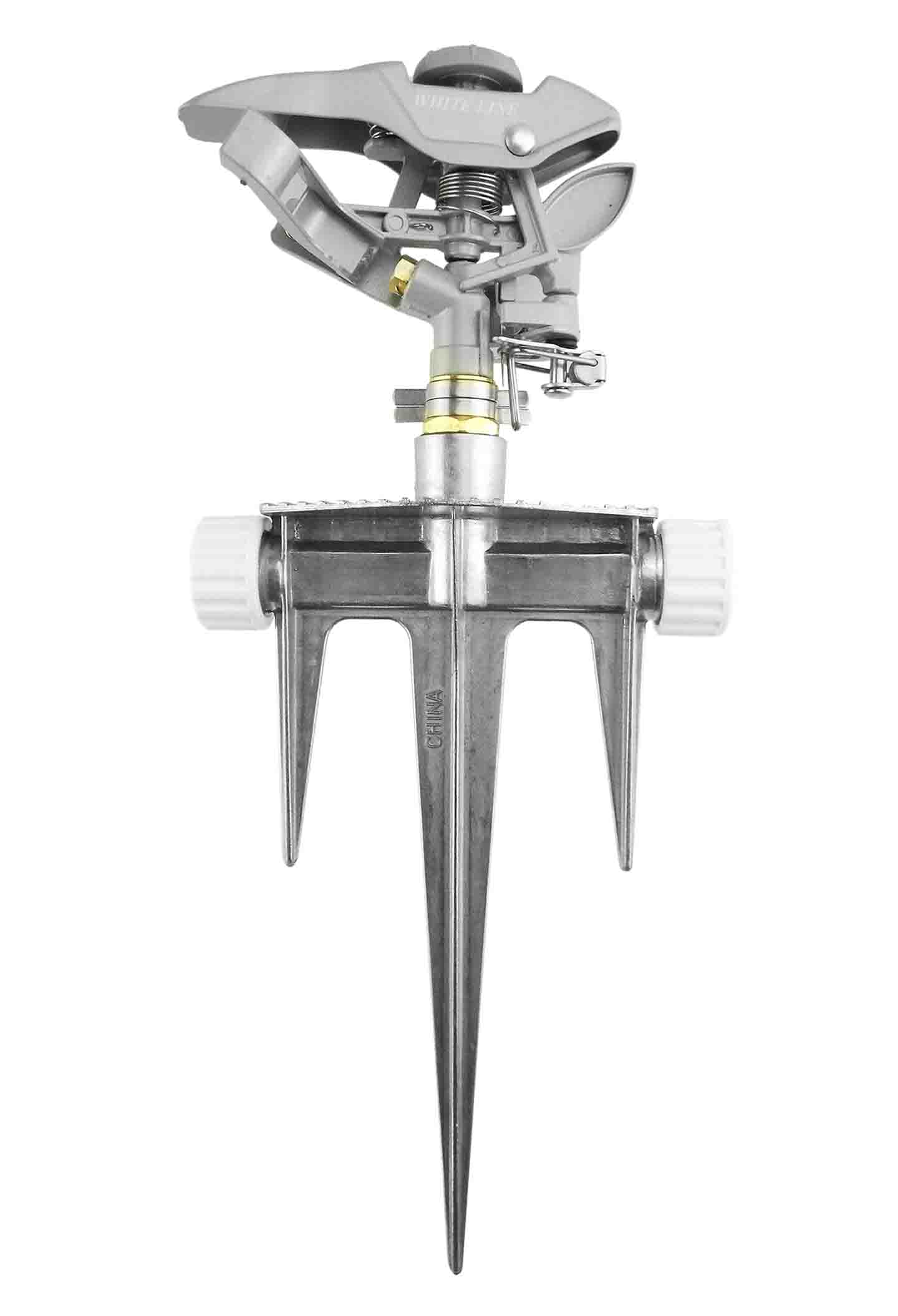 Pulsating lawn sprinkler with metal spike base and adjustable spray head