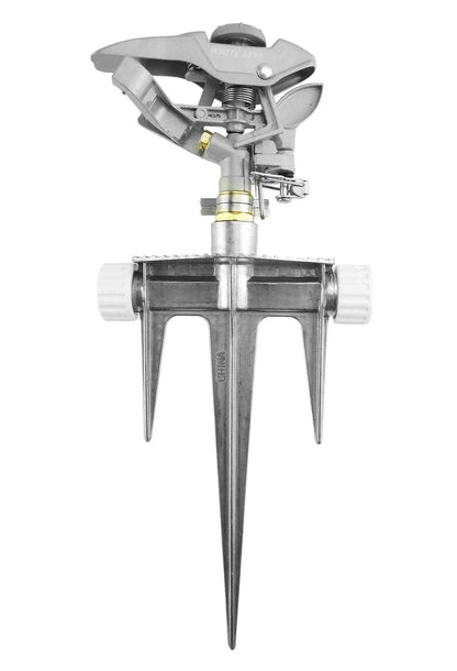 Pulsating lawn sprinkler with metal spike base and adjustable spray head