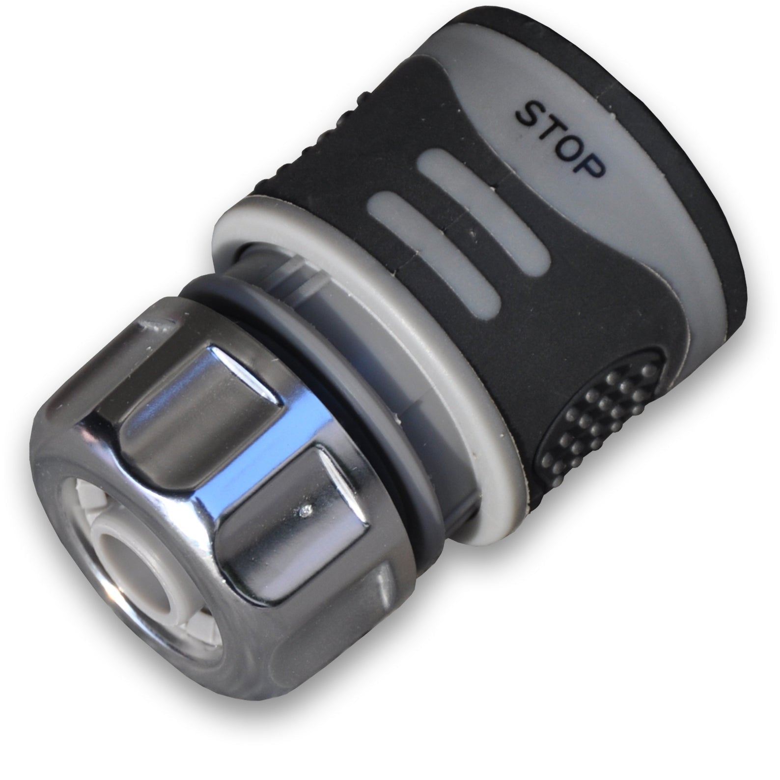 Grey female hose connector with stop—barbed inlet for 1/2 or 5/8" hose