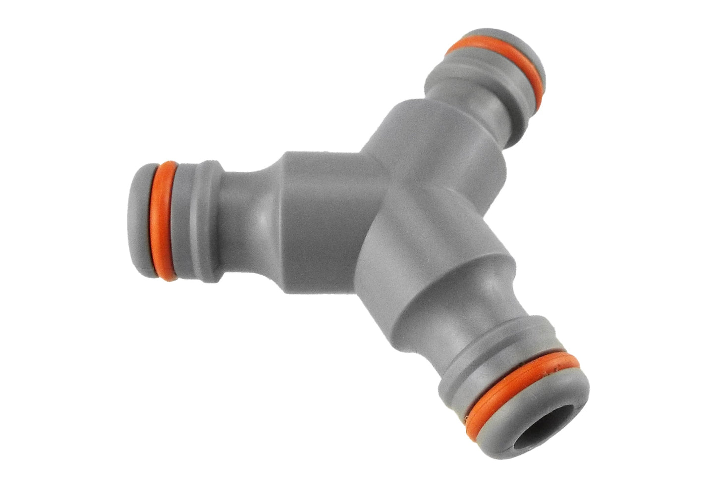 Grey hose connector Y-piece with orange O-ring seals and barbed ends