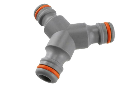 Grey Y-shaped hose connector with three orange-ring seals and angled barbed ports