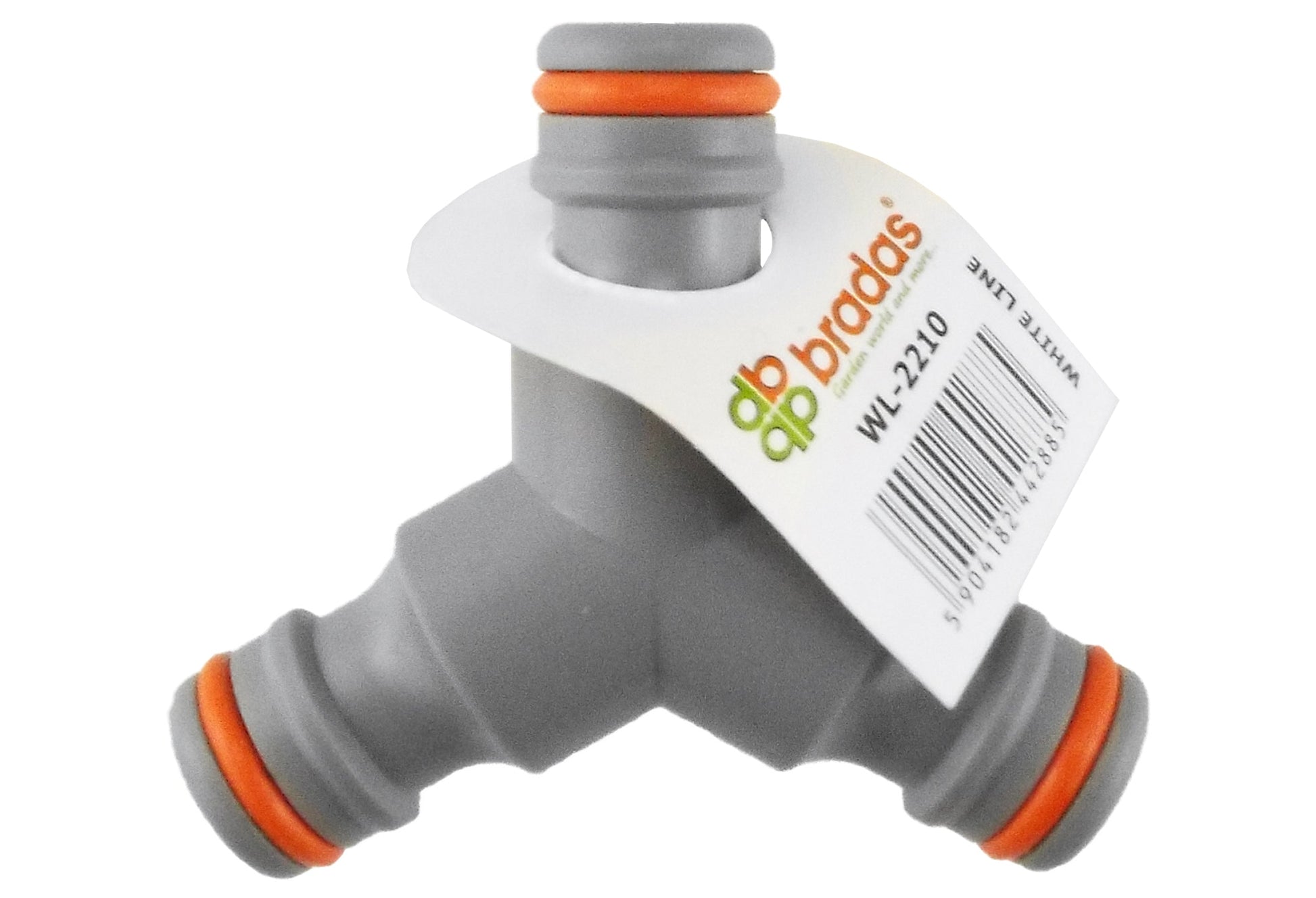 dp brodas three-way male connector, gray with orange ring seals, product label WL-2210
