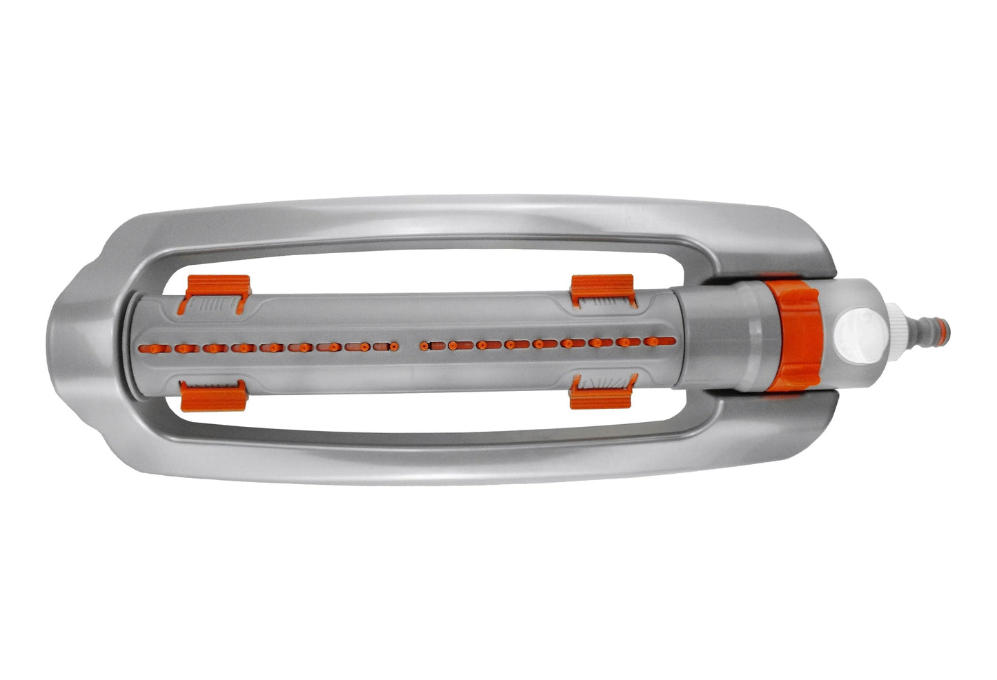 Oscillating sprinkler body with orange adjustable sliders and rear hose outlet