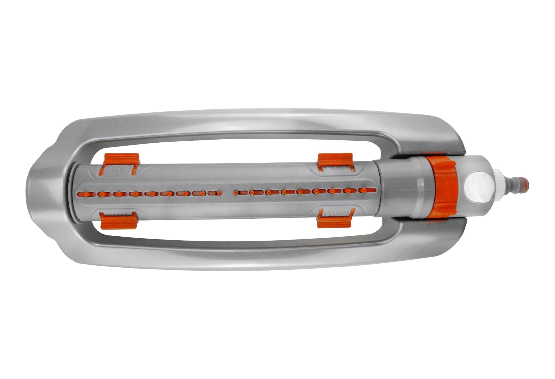 Oscillating sprinkler body with orange adjustable sliders and rear hose outlet