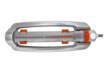 Oscillating sprinkler body with orange adjustable sliders and rear hose outlet