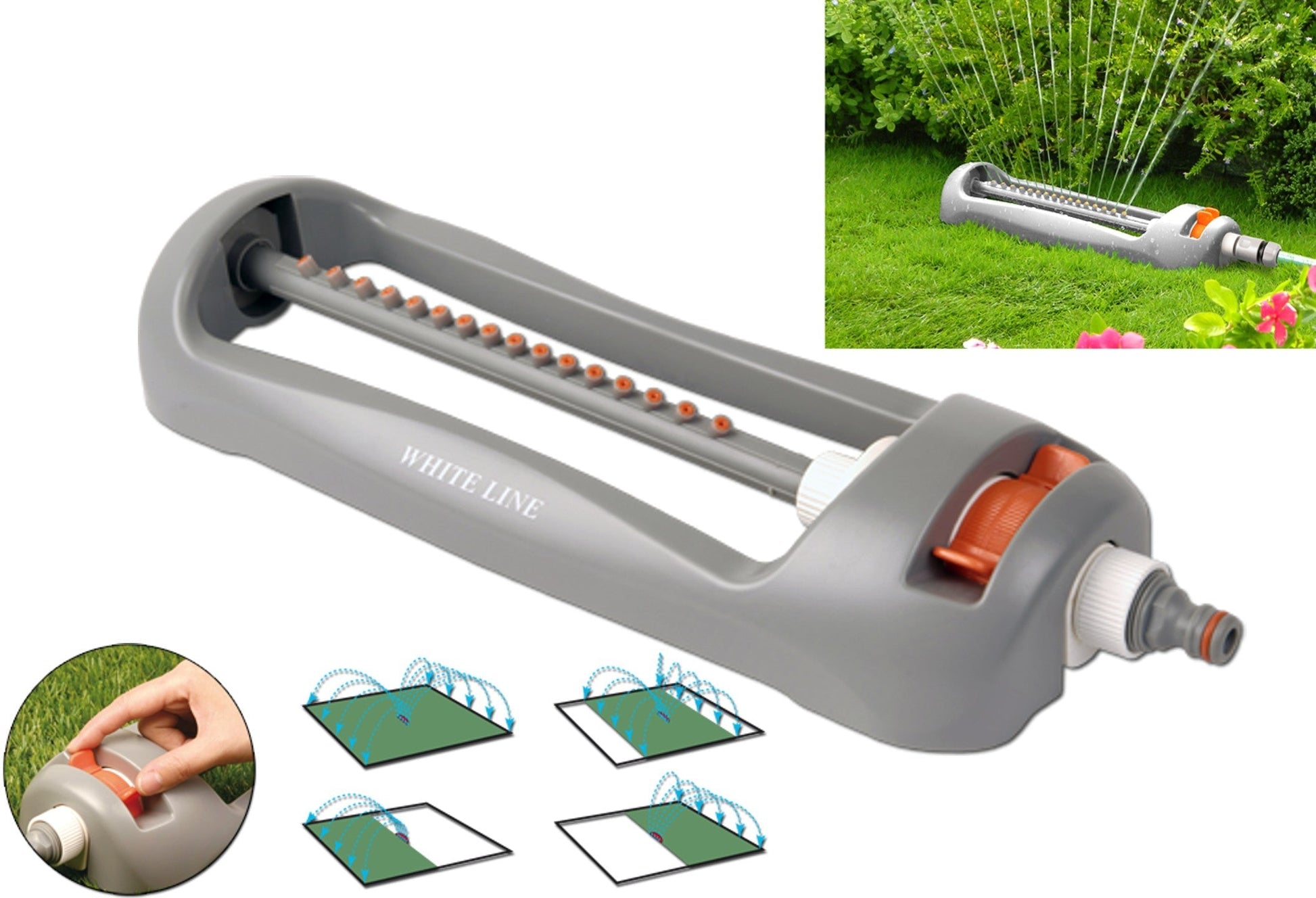 Compact oscillating sprinkler with orange knob, shown being adjusted by a hand