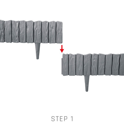 Gray plastic lawn edging installation, step 1 showing two sections and stake posts