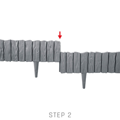 Gray plastic lawn edging installation, step 2 showing aligned sections with stakes