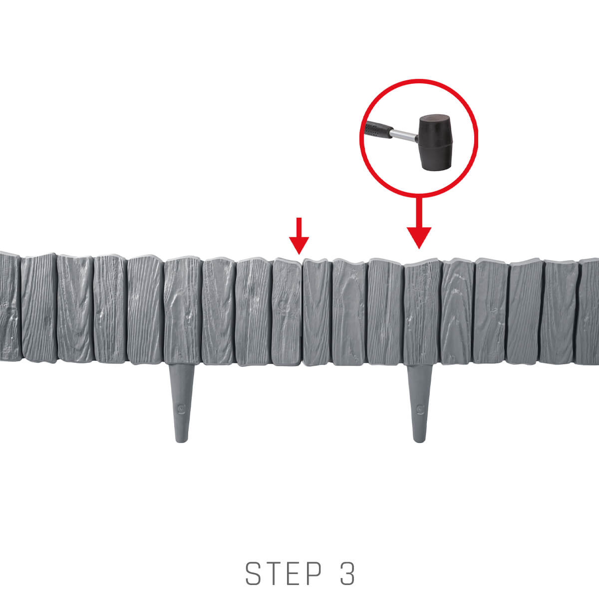 Gray plastic lawn edging installation, step 3 with hammering point shown