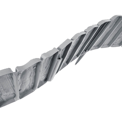Close-up of gray wood-effect plastic edging interlocking panel sections