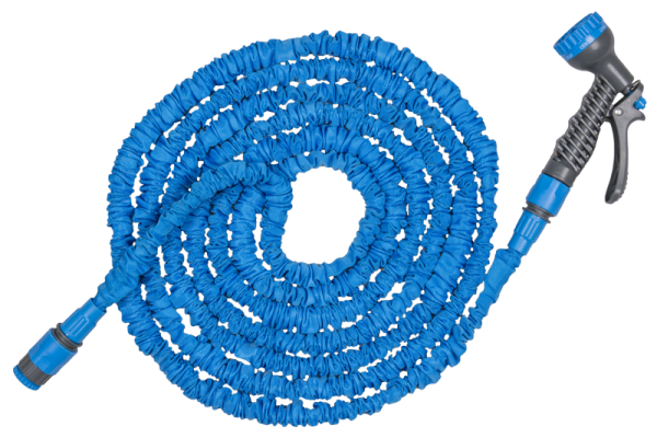 Blue expanding trick hose coil with spray gun attachment at the end