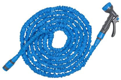 Blue expanding trick hose coil with spray gun attachment at the end
