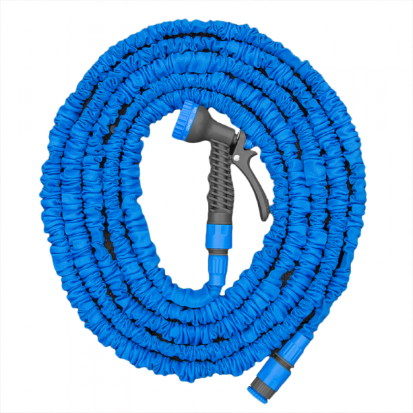 Blue expanding trick hose loop with gray trigger spray gun and blue nozzle