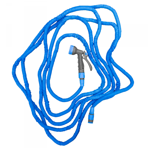 Blue expandable hose laid out with gray spray gun and blue connector