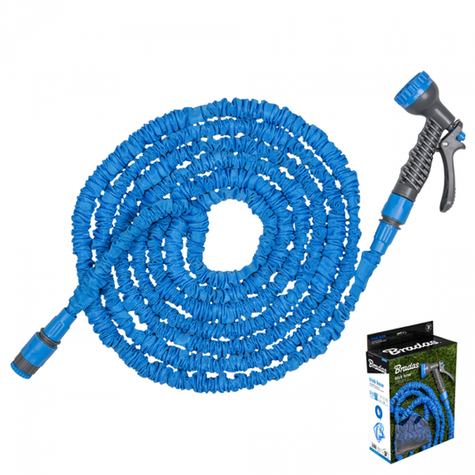 Expandable blue hose coil with spray gun and nozzle, 10 m–30 m