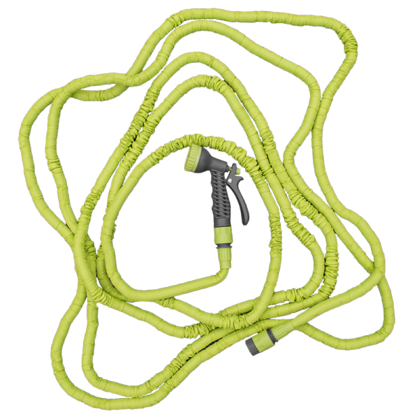 Lime expandable trick hose kit with spray gun and coiled hose loops