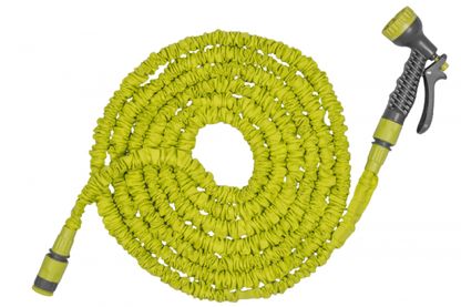 Expanding trick hose lime, coiled loop with spray gun and two end fittings