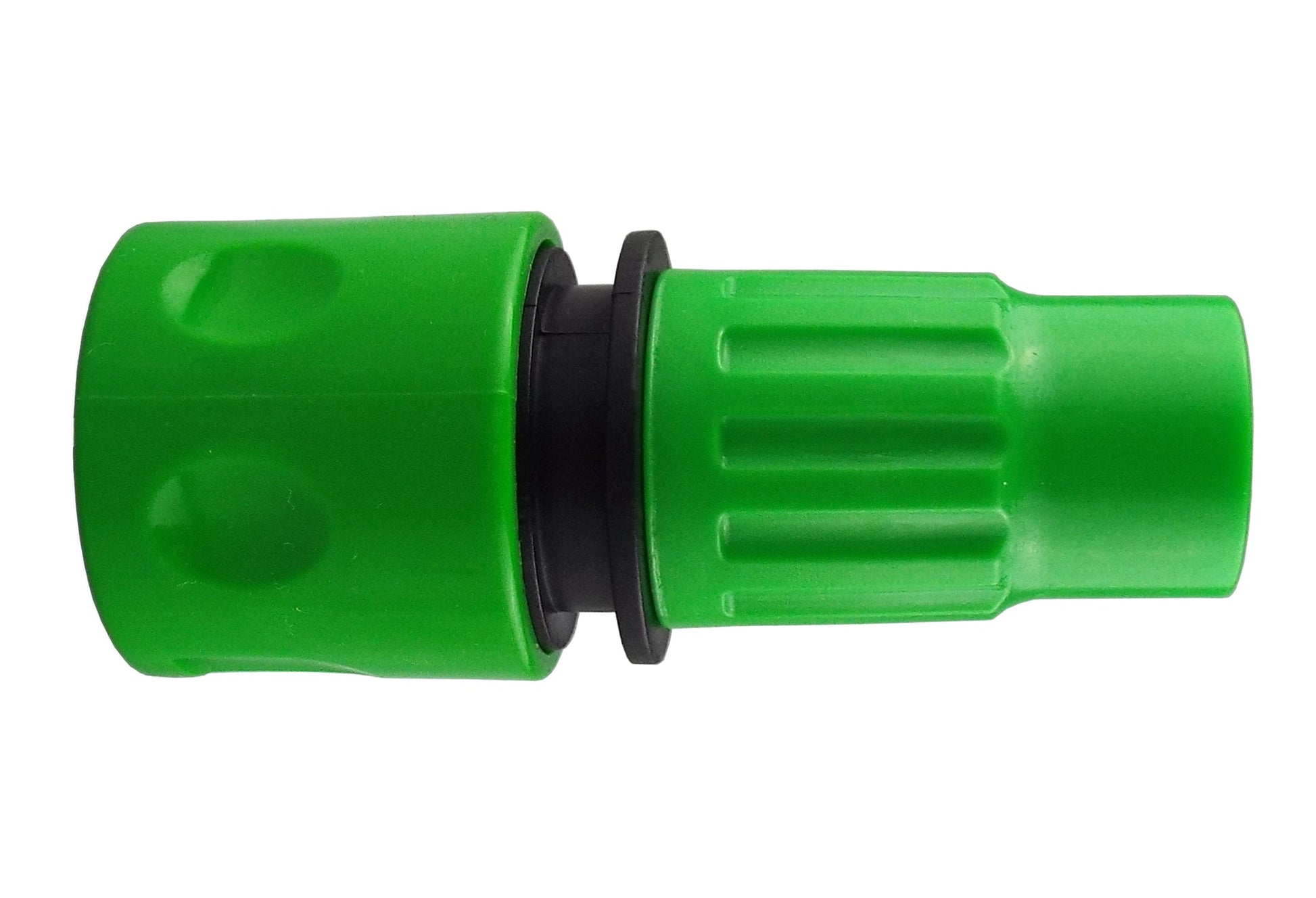 Green hose connector with black collar and textured ridged green outlet