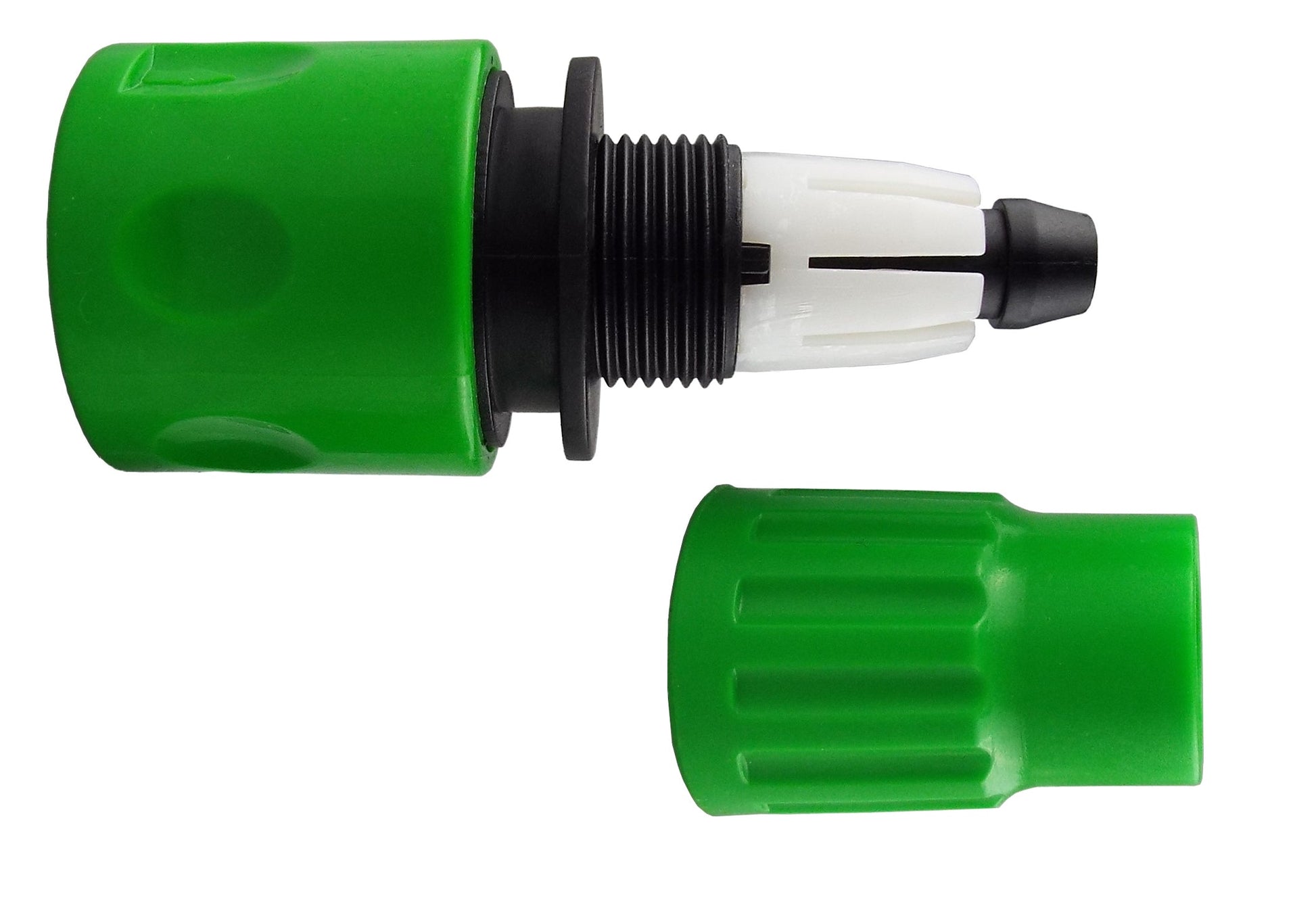 Green expanding hose connector with threaded black section, white tips, and end cap