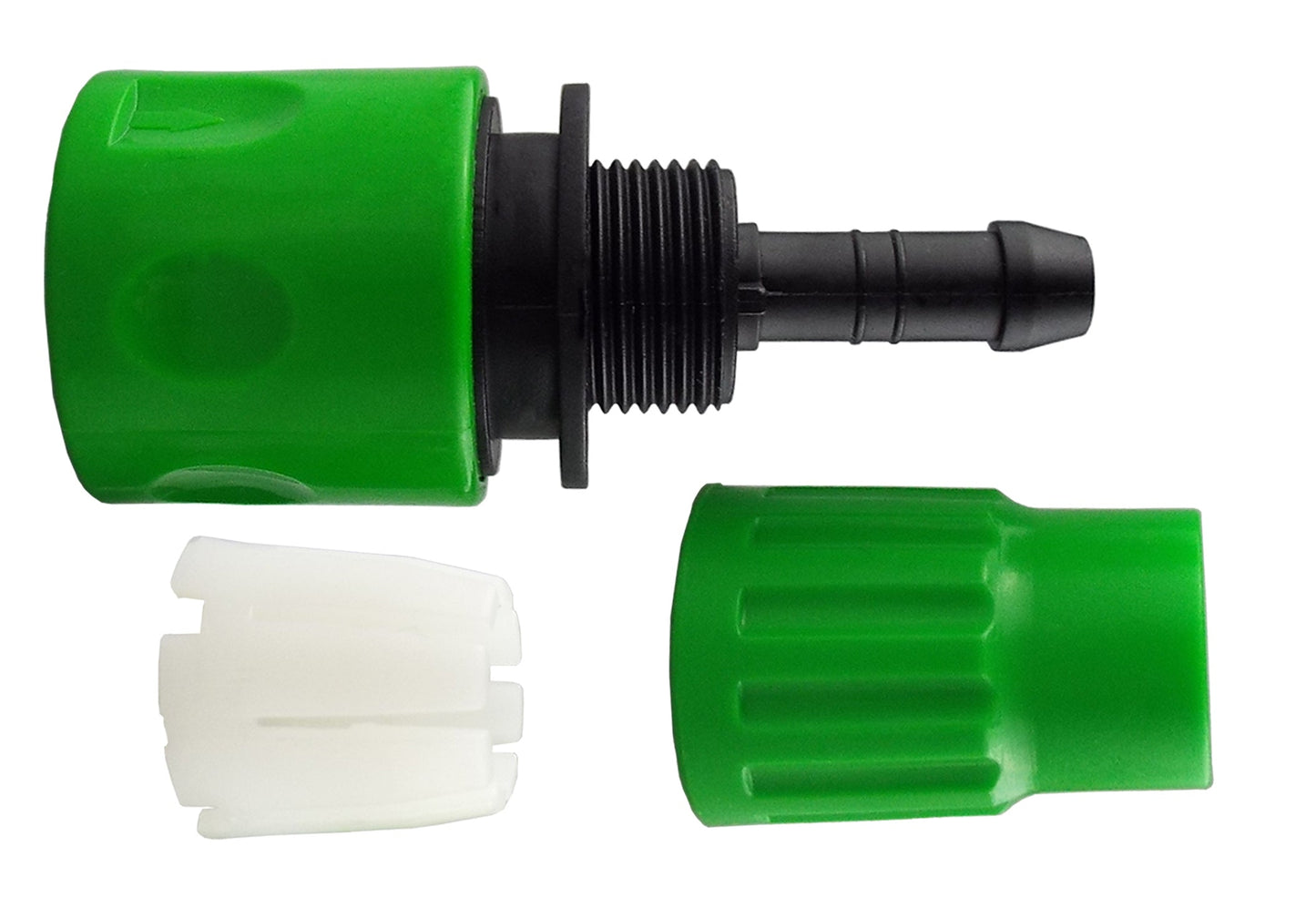 Green expanding hose connector showing threaded section and matching gripped plug end