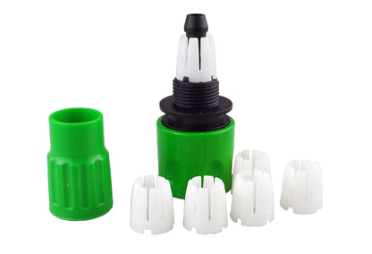 Expanding hose connector with green body, threaded inlet and white inserts