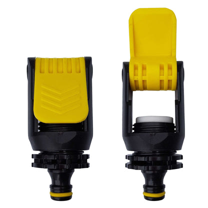 Yellow kitchen tap adaptor ends with black connector and inlet, front view