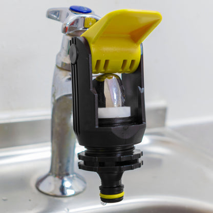 Yellow kitchen tap adaptor with black housing and adjustment clip, for faucet connection
